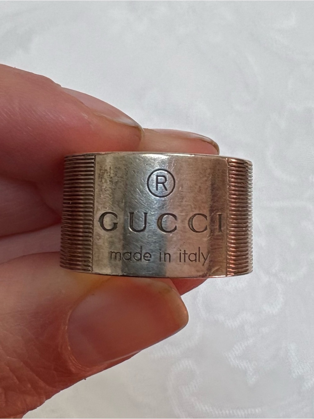 Gucci Trademark Sterling Silver Logo Striped Wide Band Ring (Authentic - Italy) - Picture 2 of 7